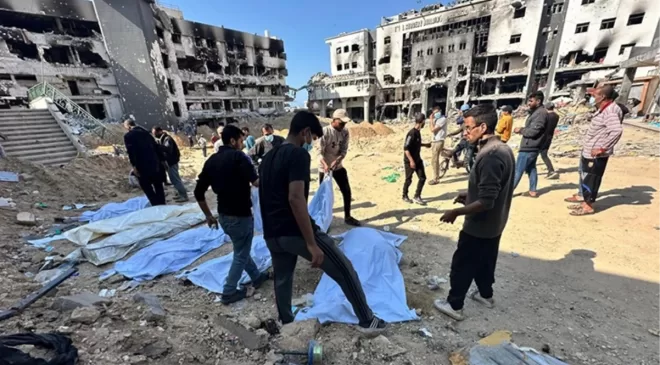İsrail’in vurduğu Gazze’deki Şifa Hastanesi avlusunda toplu mezar bulundu